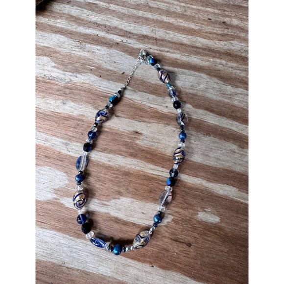 Handcrafted Glass Bead Necklace With Blue & Gold Swirl Accents On Adjustable Sil - Picture 6 of 8